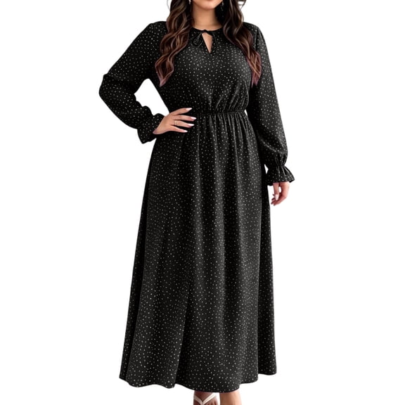 Karymi Polka Dot Print Midi Maxi Dress, Tie Keyhole Crew Neck Long Ruffle Cuff Sleeve Dress, Elastic Ruched Waist Plus Size Sundress Sundress