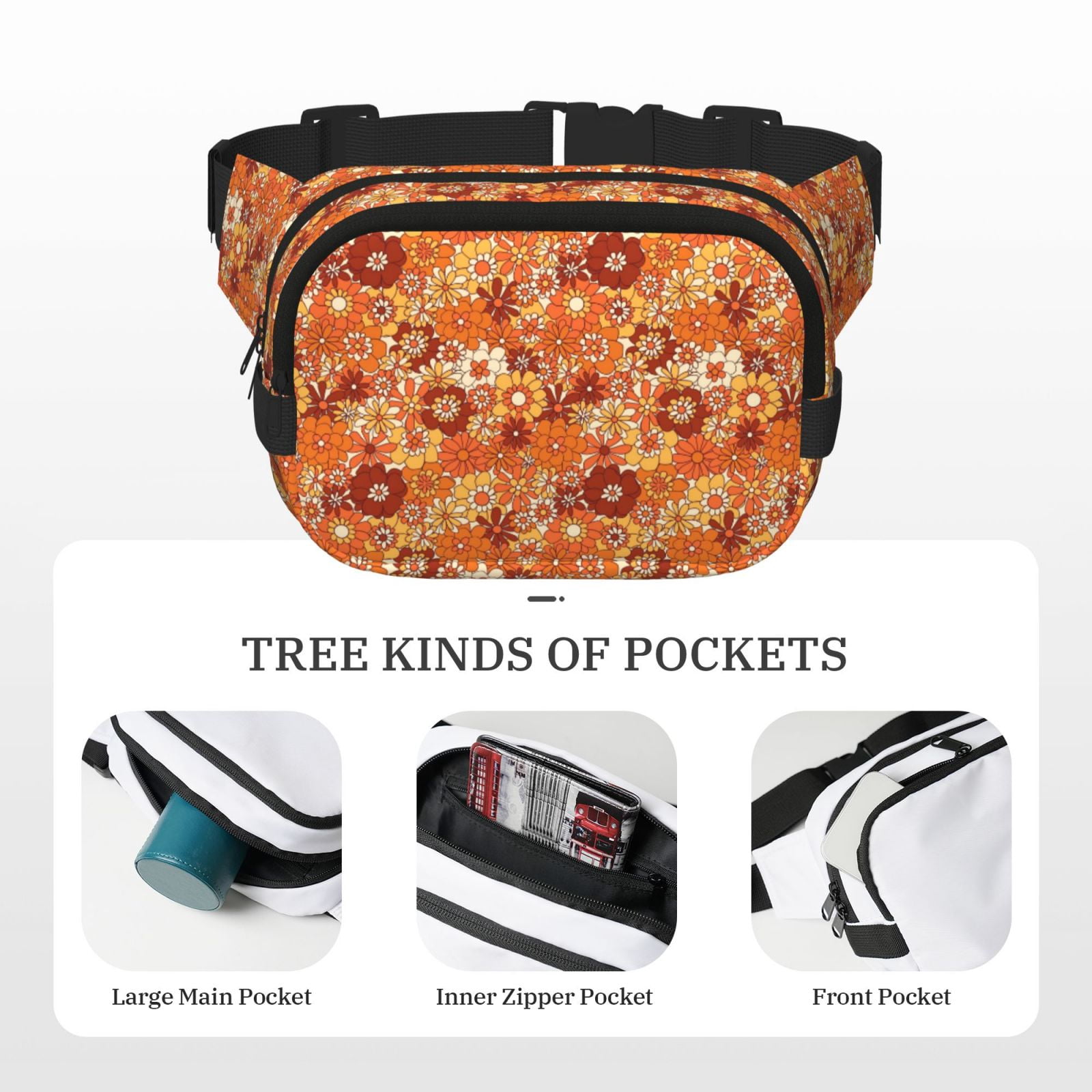 Picia Hippie Flower Print Square Double-Layer Waist Bag Mini Adjustable Waist Belt Bag Exercise Running Travel Hiking