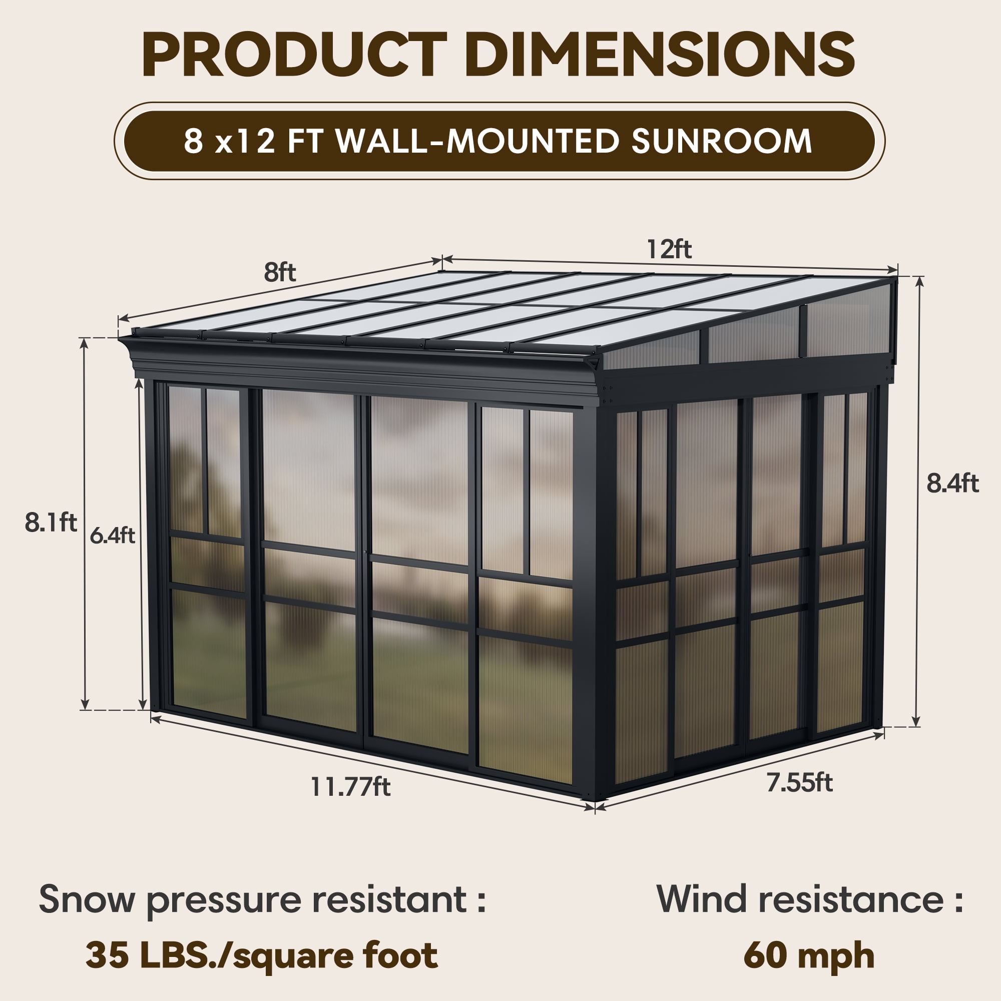 Erinnyees 8' x 12' Wall Mounted Sunroom Gazebo,All-Season Patio Gazebo Sunroom with Side Door,Outdoor Permanent Sunroom,Grey