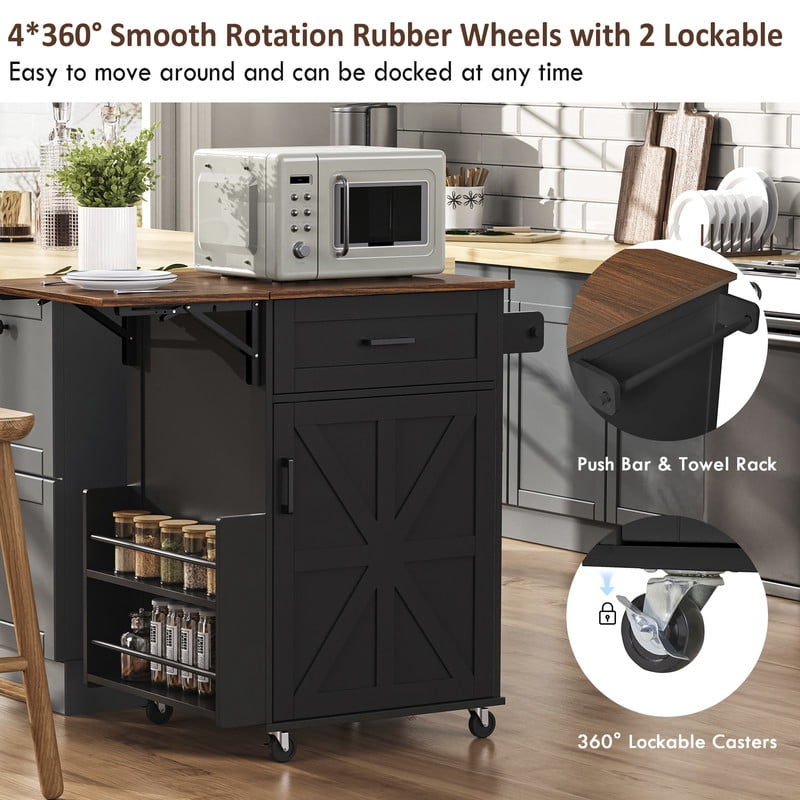 Farmhouse Small Kitchen Rolling Cart with Drop Leaf, Kitchen Island Storage Cabinet with Racks, Hooks, Drawer & Lockable Wheel