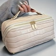 thumbnail image 3 of Luxury cosmetic bag with gold zipper - Elegant white cosmetic organizer with top handle closure, spacious interior, suitable for travel, everyday use, and special occasions - Durable synthetic leathe, 3 of 20