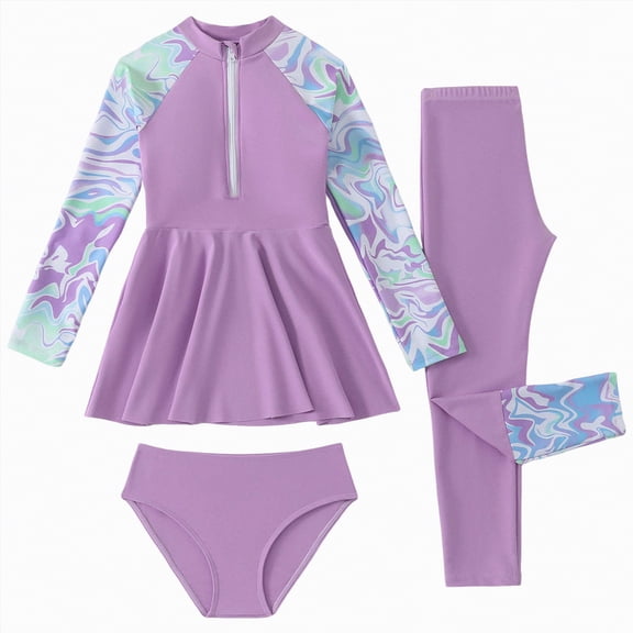 CAICJ98 Girls Rash Guard Swimsuit 3 Piece Zip Front Swim Dress Pants Bikini Briefs Sets UPF 50  Long Sleeve Bathing Suits for Girls Swimwear (10-11 Years,Purple)