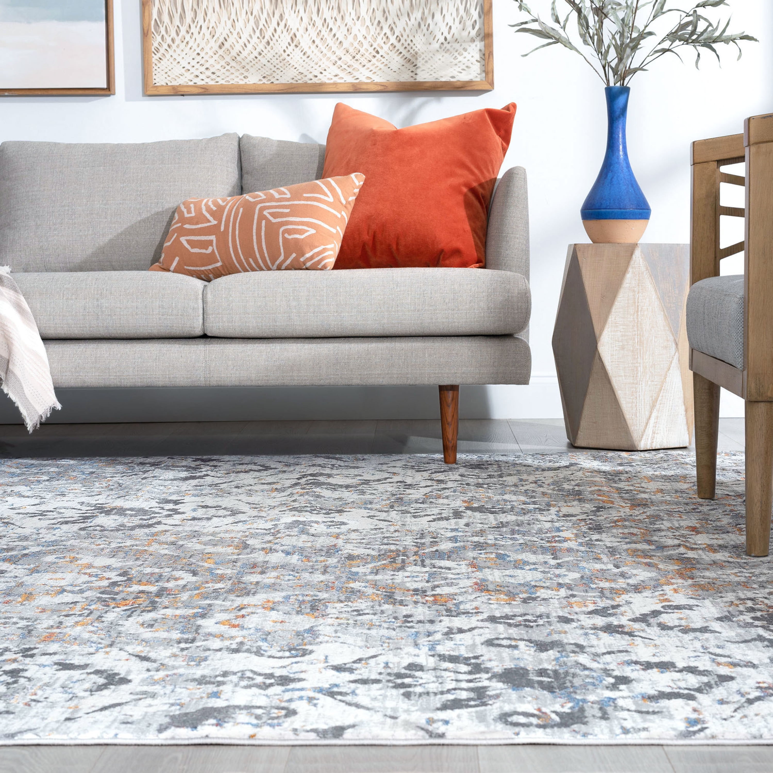 Transitional 2x8 Area Rug (2'2'' x 7'3'') Damask Gray, Teal Indoor Runner Easy to Clean