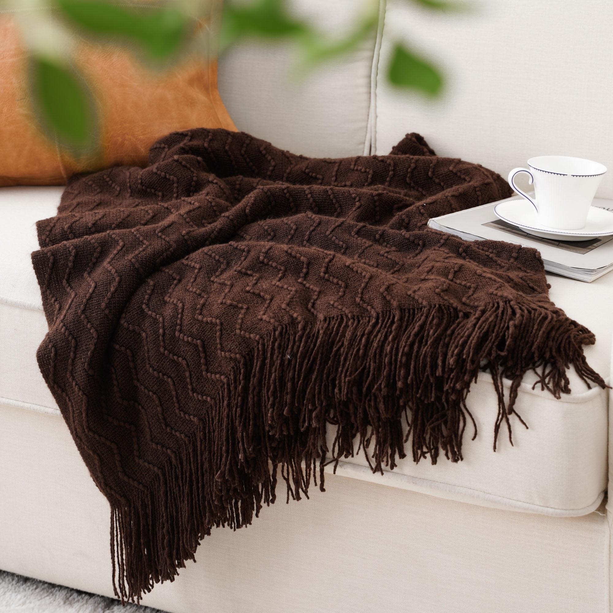 Battilo Brown Throw Blanket for Couch Bed Sofa,Boho Decorative Chocolate Brown Knit Throw,50"x60"