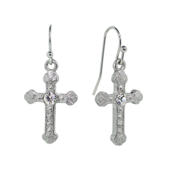 1928 Jewelry Women's Crystal Accent Ornate Silver Tone Cross Drop Earrings