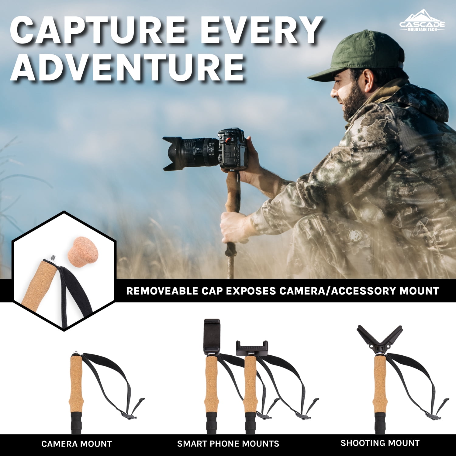 Cascade Mountain Tech Mossy Oak Elements Contour Pattern Carbon Fiber Monopods