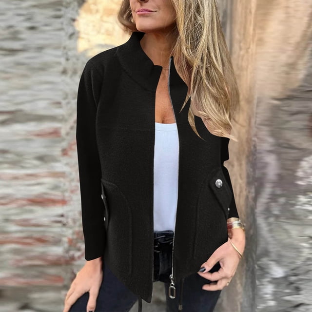 Blusa de poliéster para mujer, de manga larga, informal, sin capucha, con cremallera, deportiva, de color liso