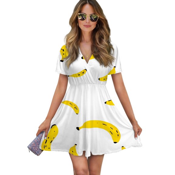 Yellow Bananas White Background Pattern Women Dress V-Neck Short Sleeve Flowy Swing Party Midi Dress