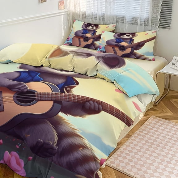 3PCS Raccoon Playing Guitar Duvet Cover Set Twin, 1 Duvet Cover And 2 Pillowcase, Duvet Cover for Kids Girls Boys And Teens