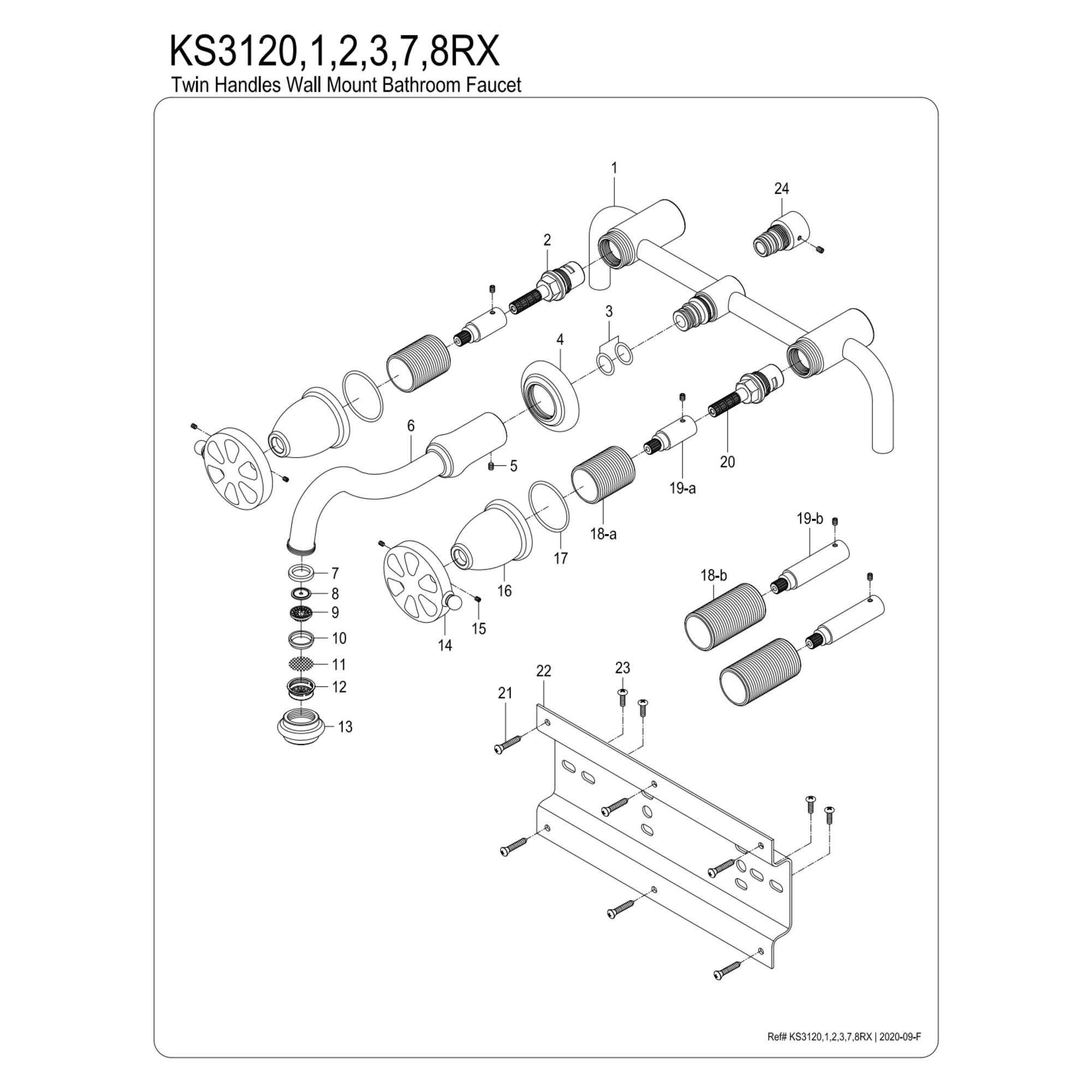 Kingston Brass KS3127RX Belknap Double-Handle Wall Mount Bathroom Faucet, Brushed Brass