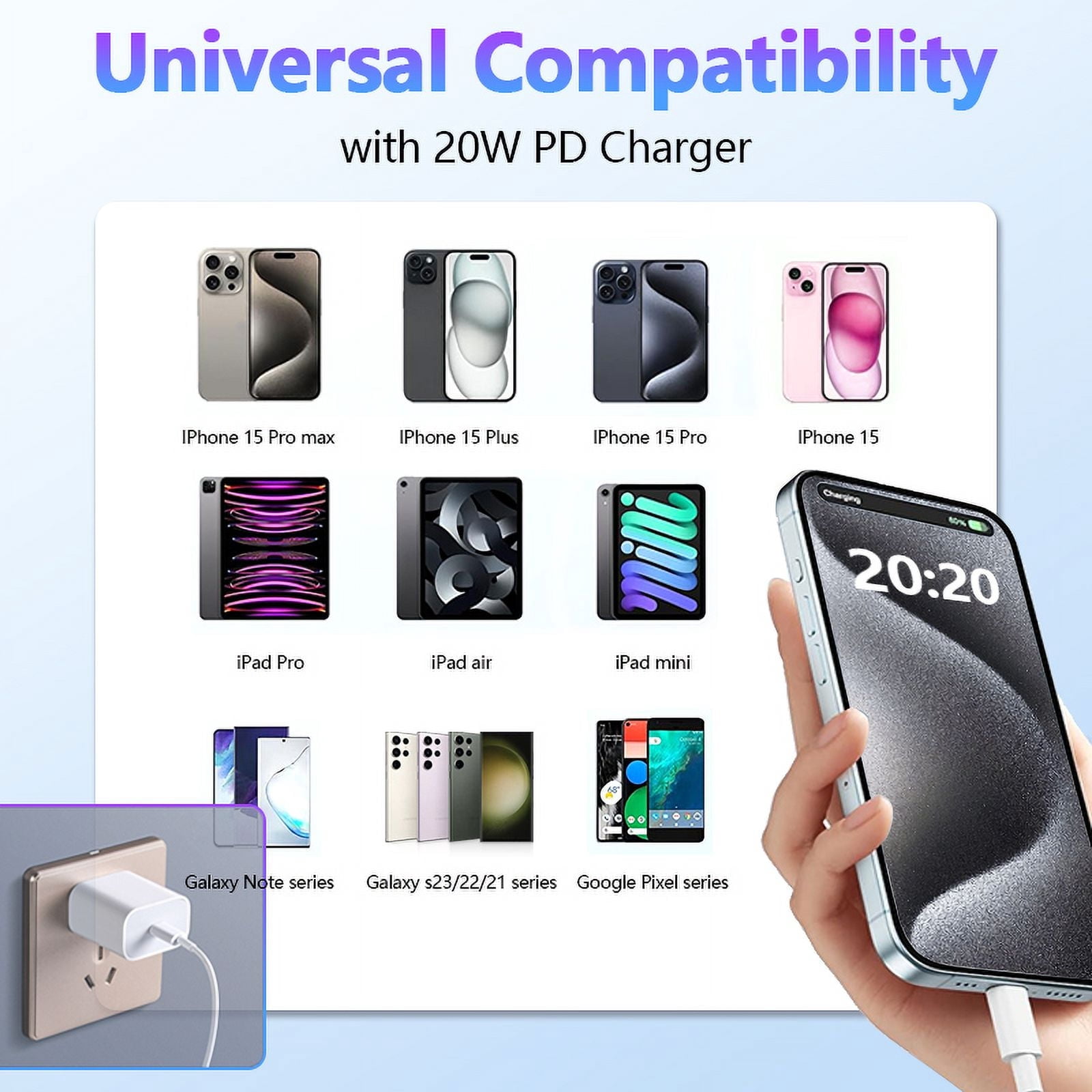iPhone 15 Charger, 20W USB C Power Delivery Wall Charger Plug with 10ft Type C to Type C Cable Fast Charging Data Sync Cord Compatible with 15/15 pro/max /Samsung Galaxy S23 Ultra/S23/S23+/S22