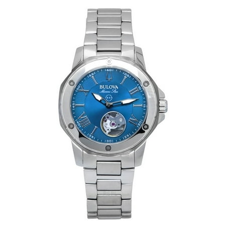 Bulova Marine Star Stainless Steel Open Heart Blue Dial Automatic 98L317 100M Women's Watch