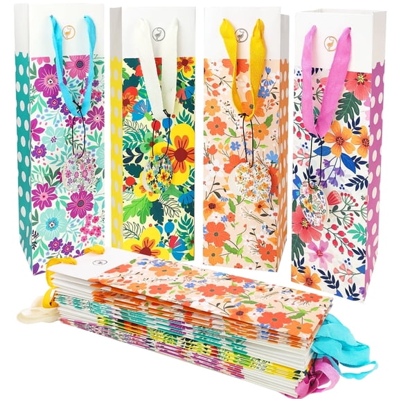 Anzon Mories 12 Packs Wine Gift Bags with Sturdy Handles & Tags,13.4x3.9x3.9, Polka Dot Floral Bottle Gift Bag Bulk 4 Colors, Birthday, Anniversary, Wedding