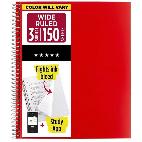 150 Page 3 Subject Spiral Notebook, Wide Ruled, Flexible Cover, Perforated Sheets, Assorted Colors
