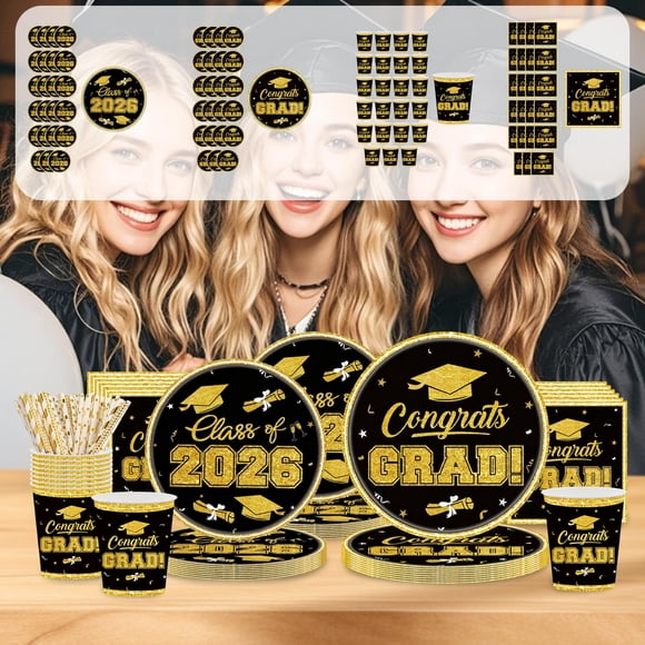 Jiaeri 2026 Graduation Party Supplies, Black Gold Disposable Tableware Set - 9 inch & 7 inch Paper Plates, Cups, Napkins for Adult Graduation Theme Party Decorations