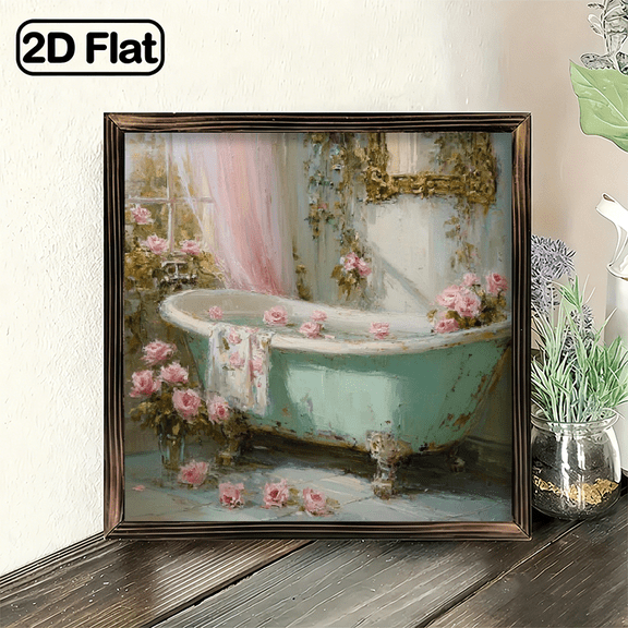 2D Flat, 1pc wooden frame Hanging Decor Sign 8x8 Inch, Vintage Shabby Chic Bathtub Floral Heart Wall Art Sign for Bathroom Bedroom Home Decor, Rustic Farmhouse Style Wall Hanging Plaque, Perf