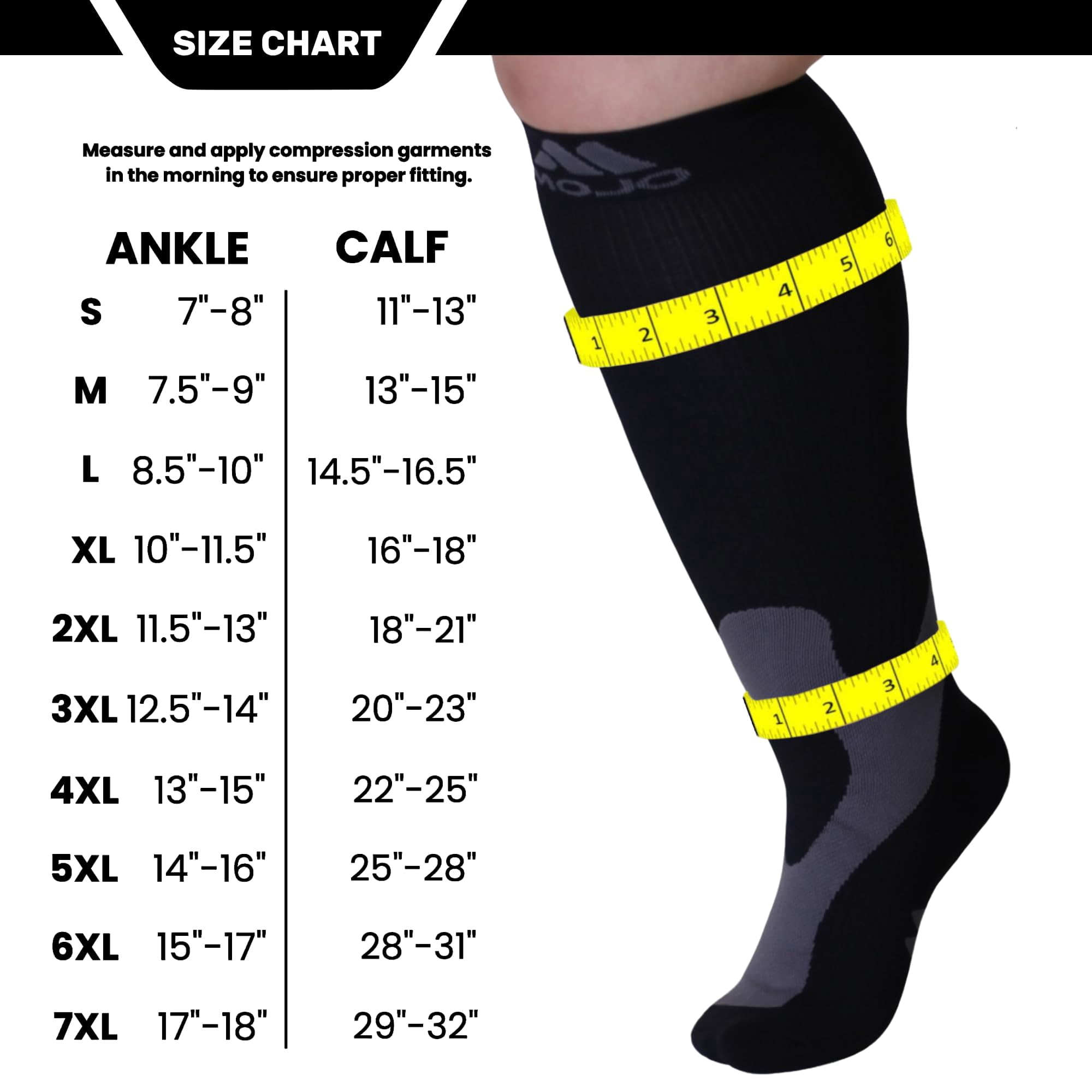 3XL Plus Size Unisex Opaque Compression Knee High 20-30mmHg - Black, 3X-Large