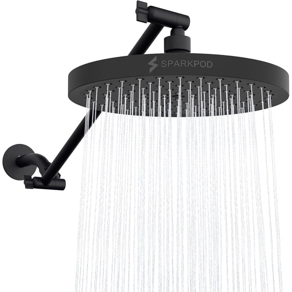SparkPod Rain Shower Head with Adjustable Extension Arm 16" - High Pressure, Easy Install (8" inch Shower head, Black Matte)