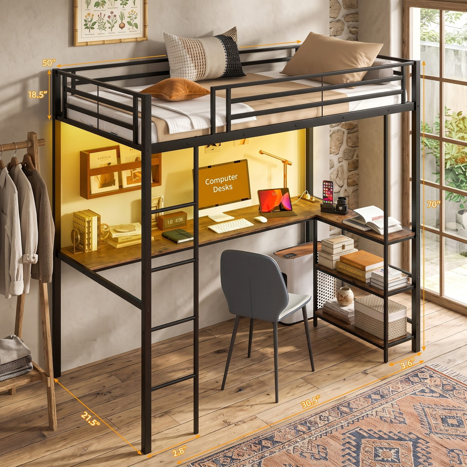 Furnibear Twin Size Loft Bed with Desk and 2 Storage Shelves for Teens Dorm Bedroom, Metal Loft Bed Frame with LED Lights and Ladder, Black