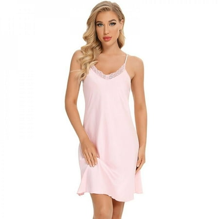 

Sonbest Summer Women Sexy Nightdress Deep V Lace Sleepwear Lingerie Silk Satin nightie Nightgown Sleeveless Sling Nightwear Home Dress Pink M