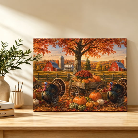 Fall Harvest Canvas Wall Art, Farmhouse Turkey Wooden Cart Pumpkin Red Barn Countryside Wall Art Prints Artwork Framed Canvas Ready to Hang Art Pictures for Bathroom Bedroom Entry Desk Corner 10"x8"