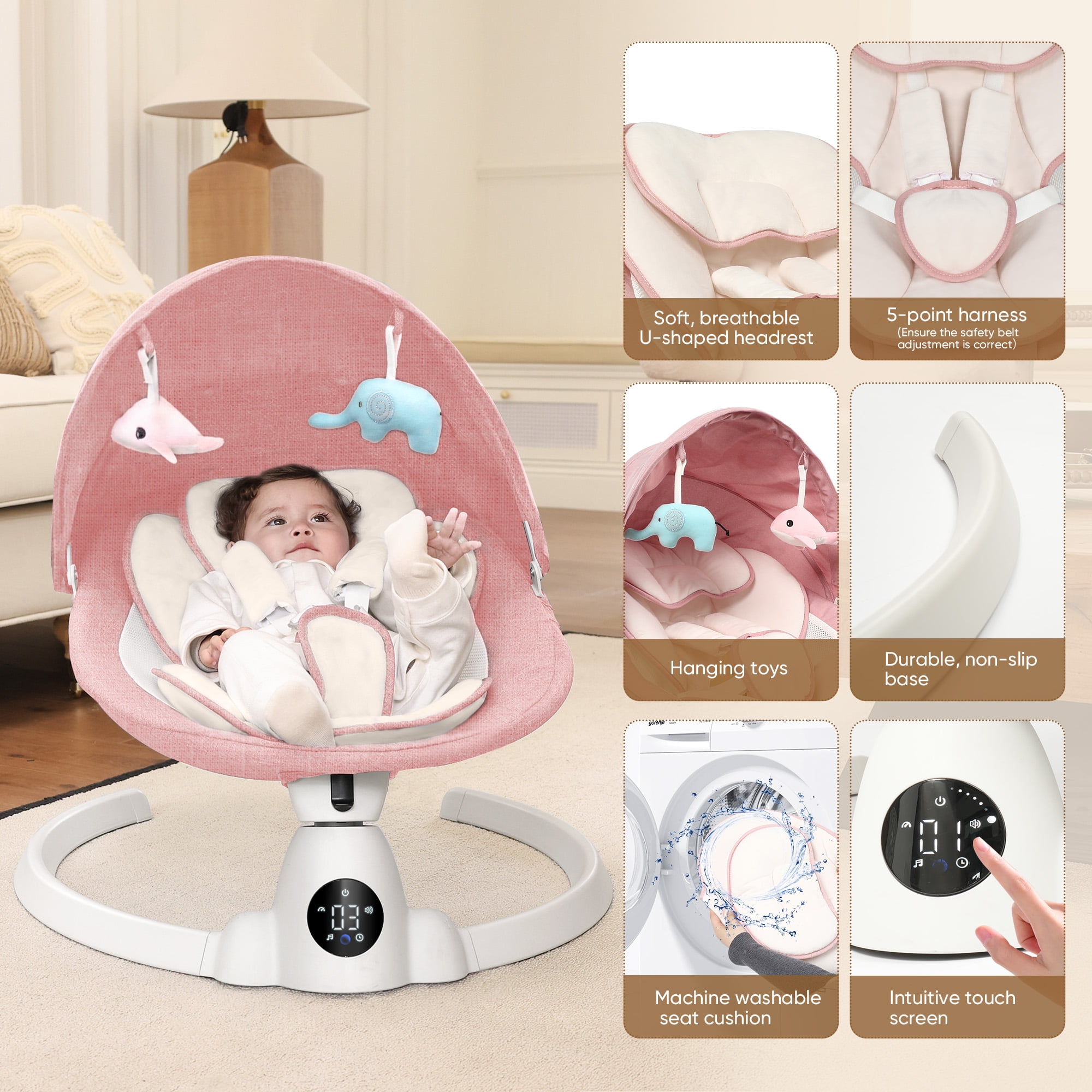Babyeap Baby Swing for Infants - Smart Electric Swing with Bluetooth Control 5-point Harness,5 Sway Speed,10 Lullabies(Pink)