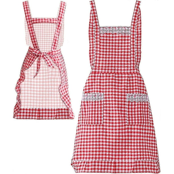 Delantal de cocina para mujer, delantal clásico vintage para mujer, delantal de algodón a cuadros rojo y blanco, babero de chef de cocina de casa, delantales para mujeres y niñas con Po
