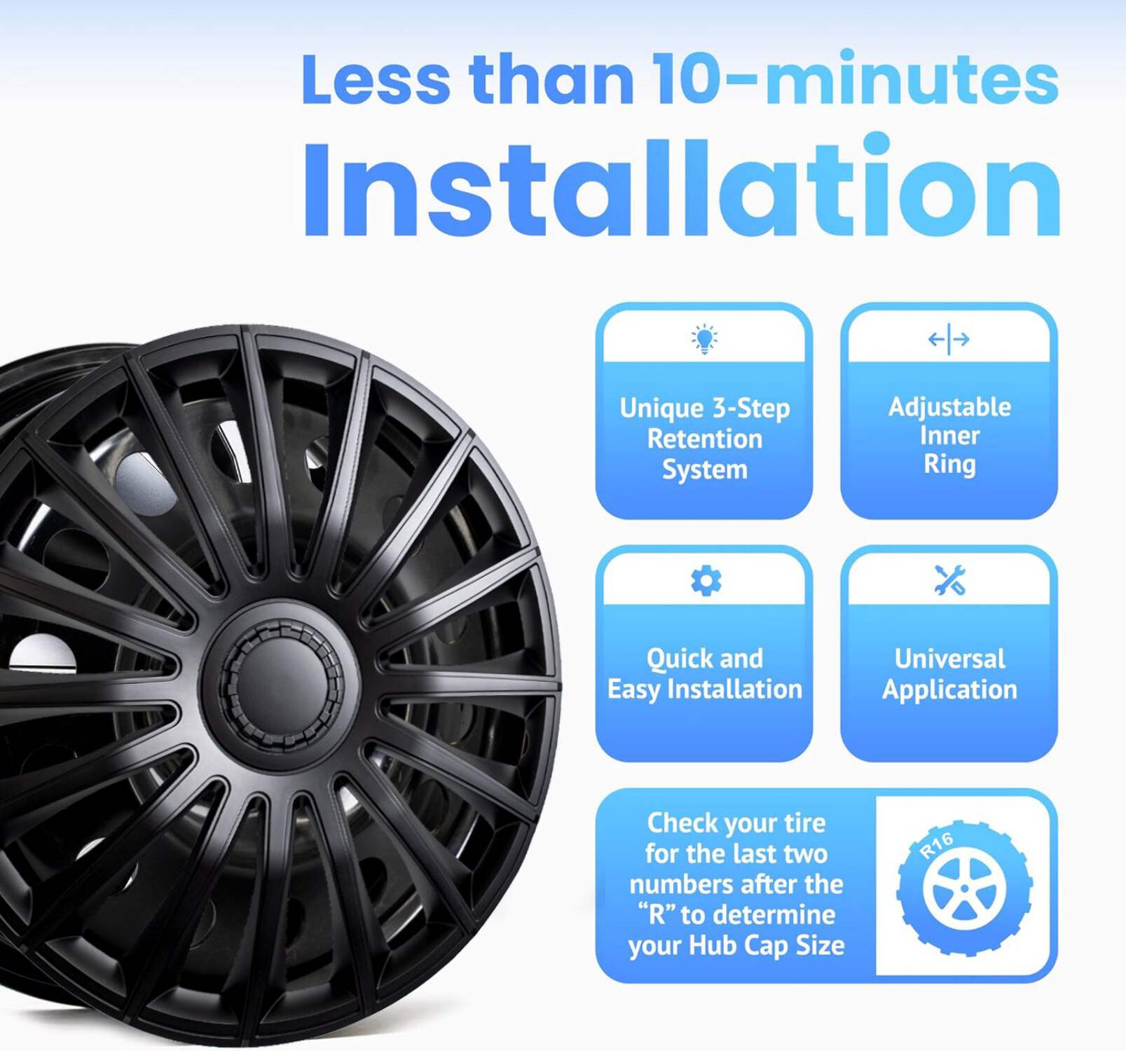 Alpena Austin Black Wheel Covers – Set of 4, European-Made Hubcaps – 16-Inch Universal Fit
