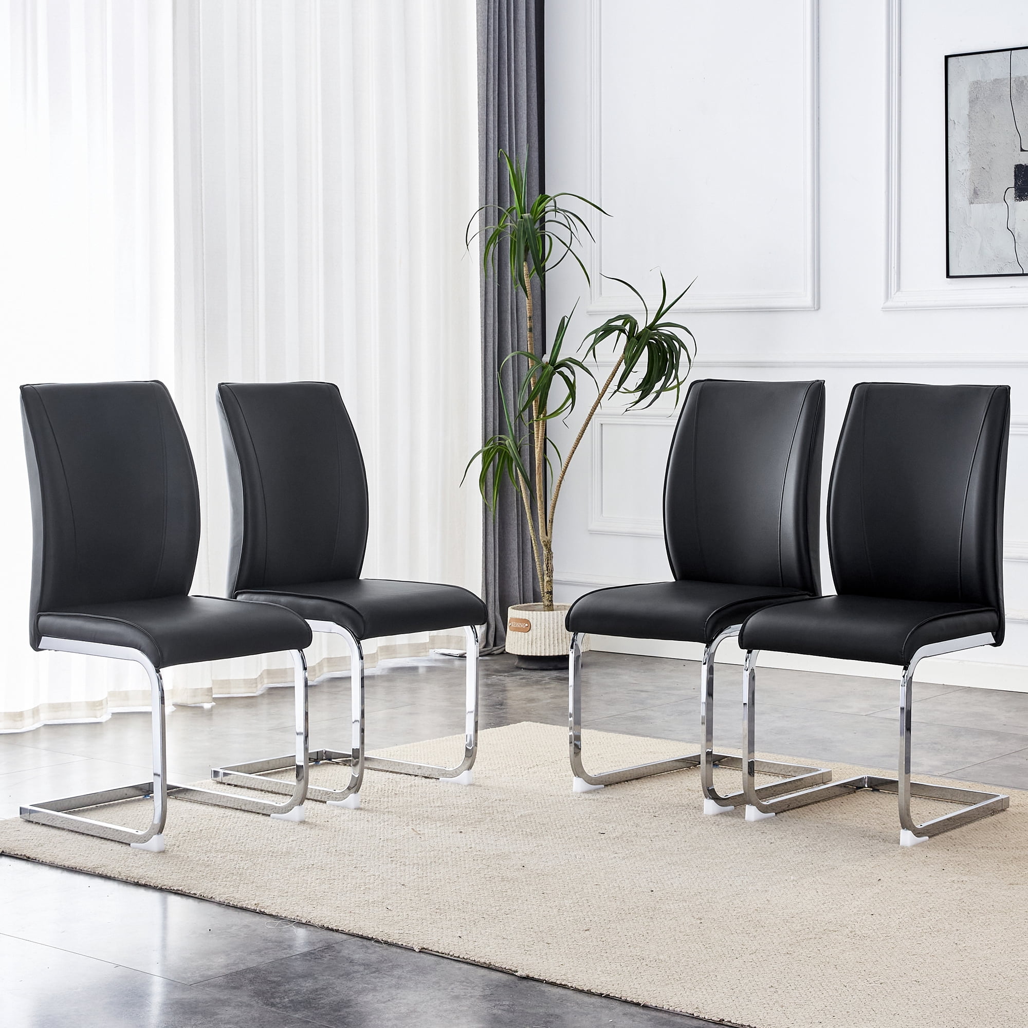 Luxury Simple Arch Chair - Set of 4 Black PU Material High Resilience Dining Chair with Arched Metal Silver Leg.