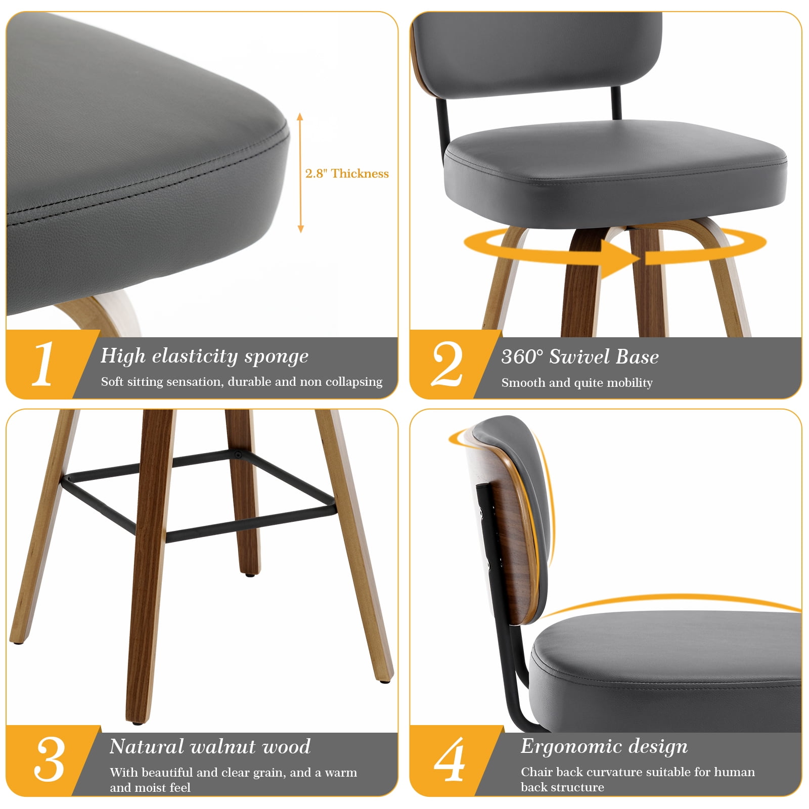 Swivel Counter Height Bar Stools, Set of 4, 29" Upholstered PU Leather Barstools with Back Wood Legs, Mid Century Modern Bar Chair Island Stool for Kitchen Counter, Gray