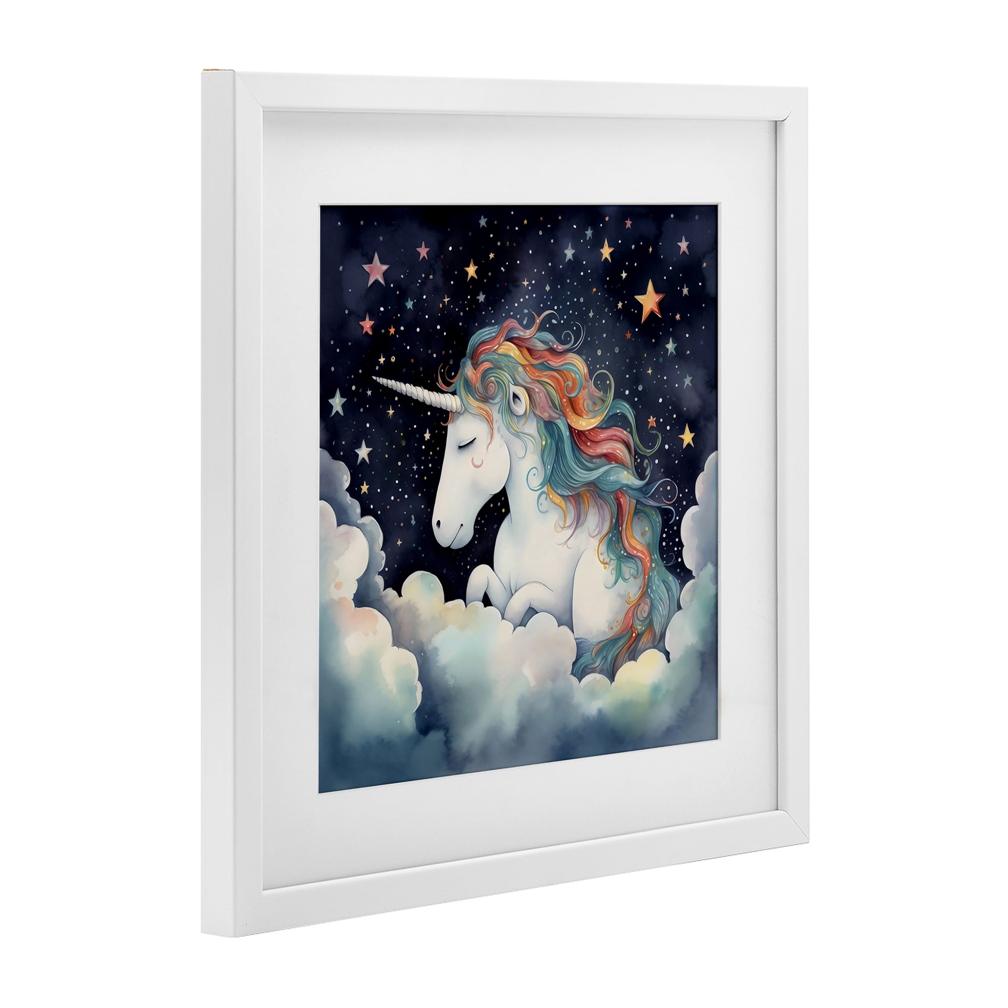 Stupell Industries Sleepy Unicorn in Starlit Clouds White Framed Print Under Glass, design by Creative Studio
