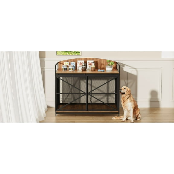 42.8" Heavy Duty Large Dog Crate Furniture for Large Medium Dog, Farmhouse Wooden Dog Kennel Indoor End Table, Decorative Pet House for Large Dogs, Brown