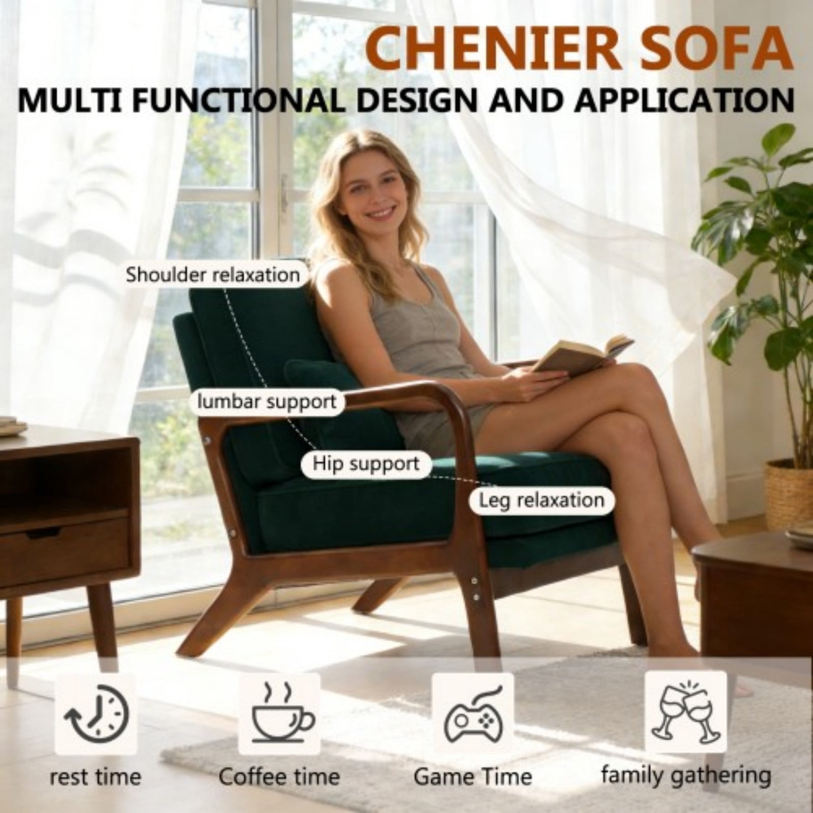 Mid-Century Modern Lounge Chair Single Upholstered Accent Chair with Curved Wood Armrests & Lumbar Cushion, Living Room Bedroom Reading Armchair Indoor, Dark Green