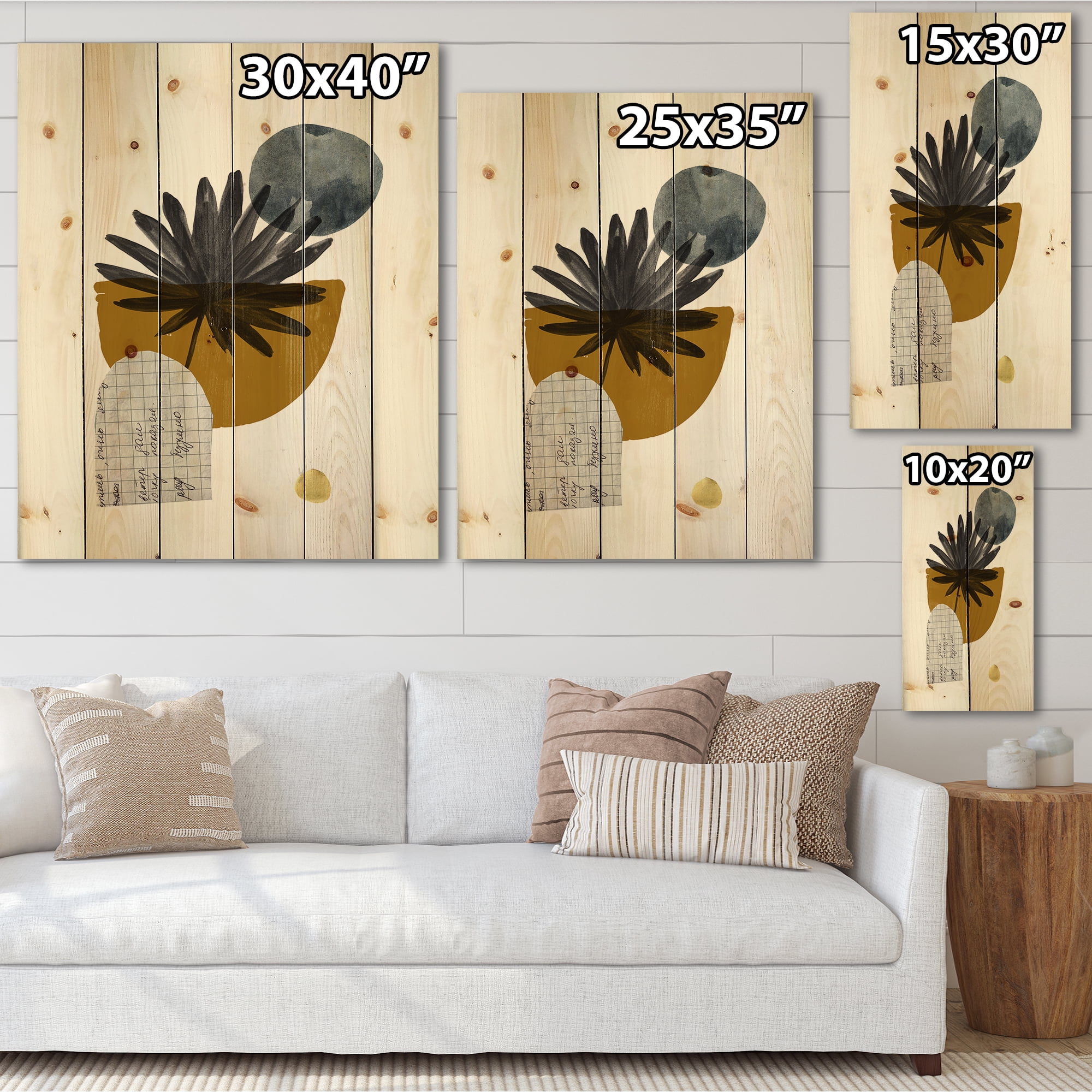 Designart 'Abstract Geometry Shapes and Tropical Palm Leaf I' Modern Print on Natural Pine Wood