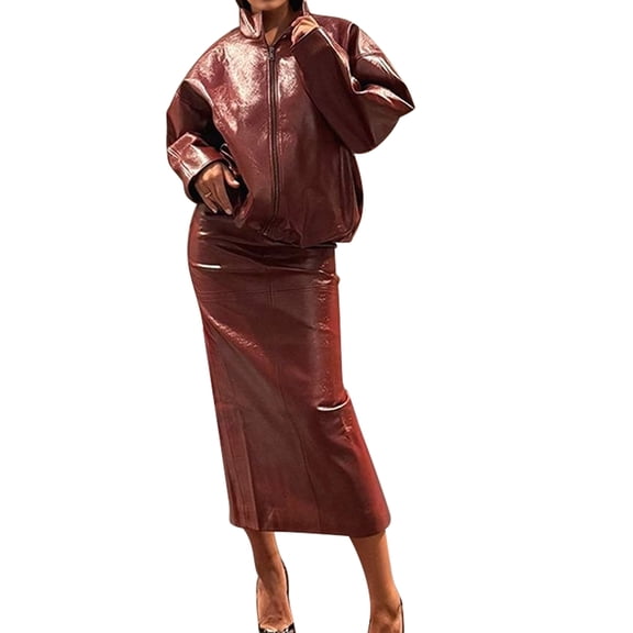 Women'S PU Leather Jacket Set with Lapel Long Sleeves Shiny Leather Jacket, and Leather Maxi Skirt Red S