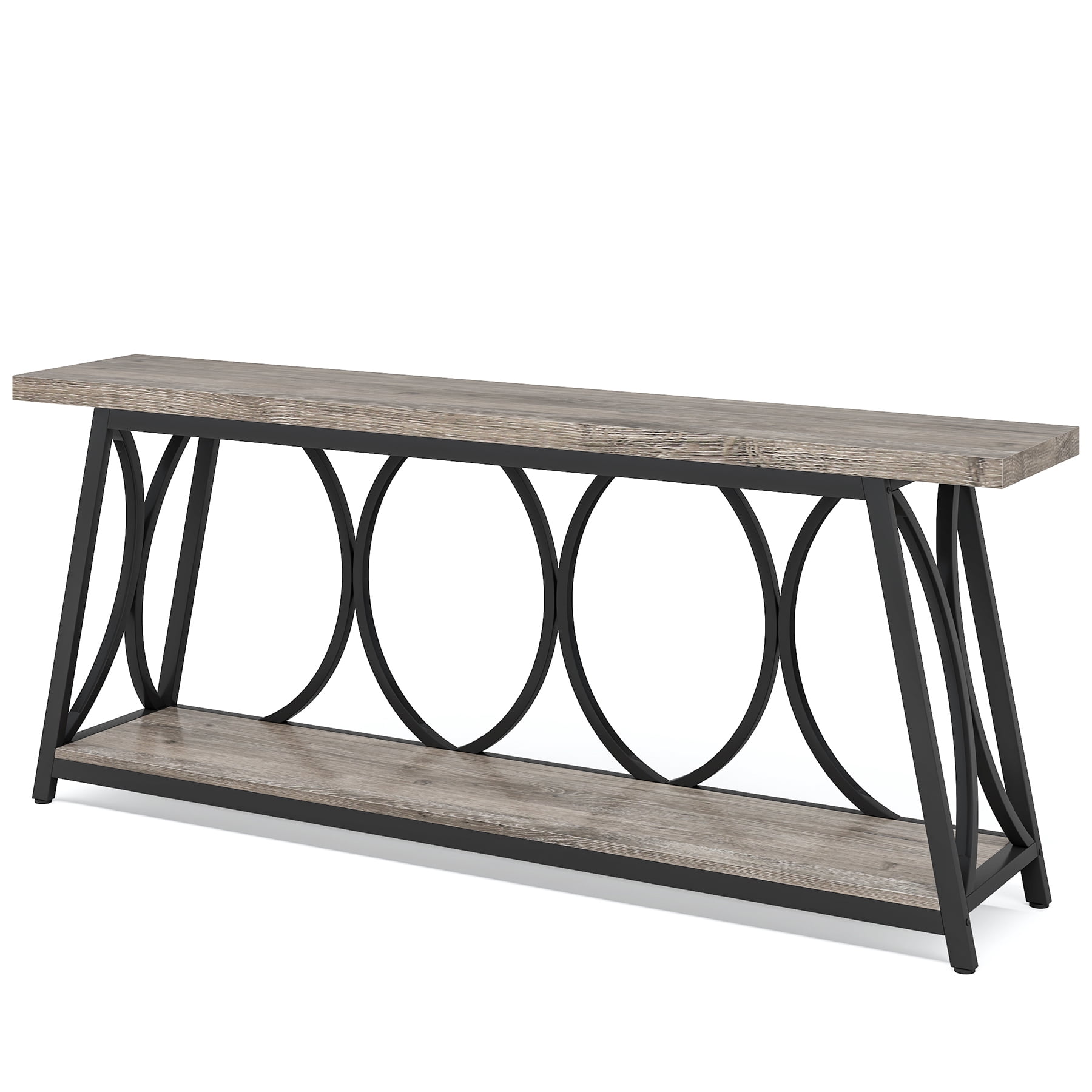 Fnova 70.87" Extra Long 2-Tier Console Table, Industrial Sofa Table with Decorative Circular Metal Frame,  Entryway Hallway Behind Couch Storage Console