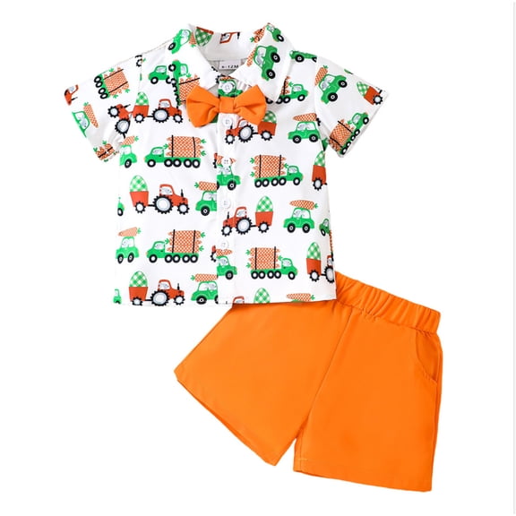 Toddler Boys Easter Gentleman Outfit Short Sleeve Button Down Shirt with Rabbit Print Shorts Orange 6 Months-12 Months