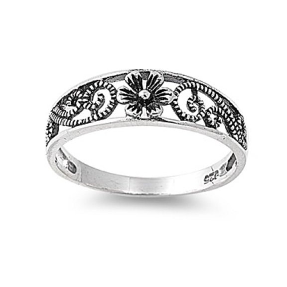 925 Sterling Silver Flower Filigree Abstraction Ring Size 4