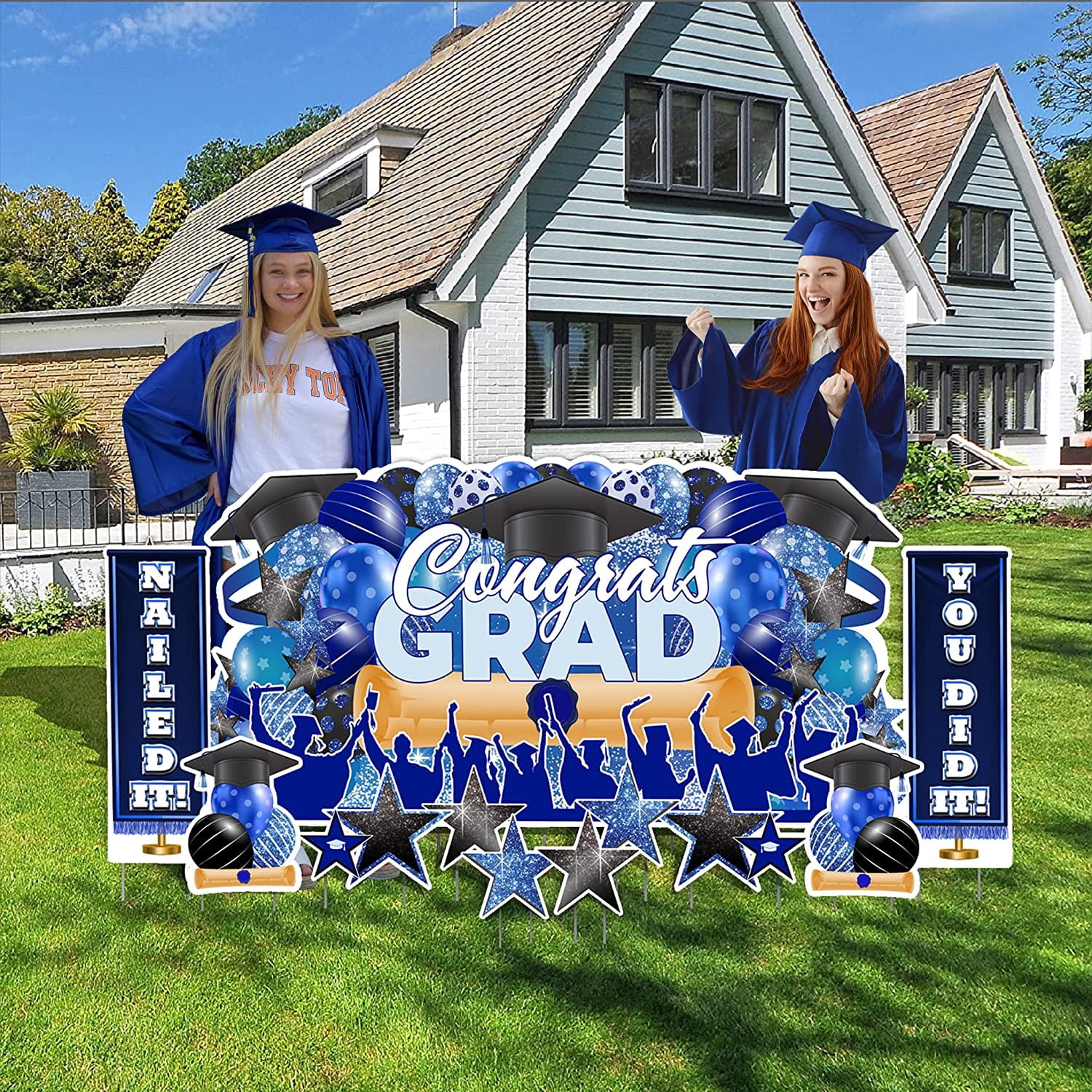 Jumbo Graduation Yard Sign Set 3x6 Feet, Congrats Grad Sign , Waterproof Corrugated Plastic, Includes Stakes (Blue)