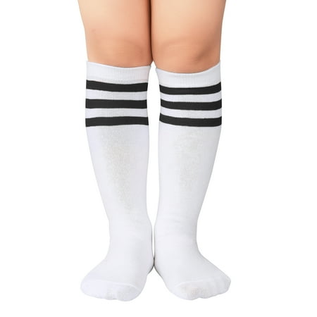 

American Trends Kids Toddler Soccer Socks Stripes Knee High Tube Socks Three Stripes Cotton Uniform Sports Socks for Toddler Boys Girls 1 Pack White Black