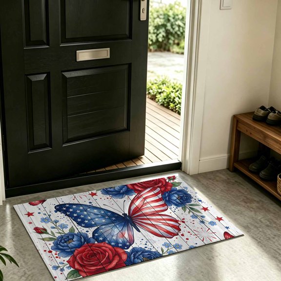 Front Door Mat Indoor Outdoor Independence Day America Flag Butterfly Non-Slip Doormat Low Profile Patio Porch Entryway Rug 16x24in Anniversary Floral