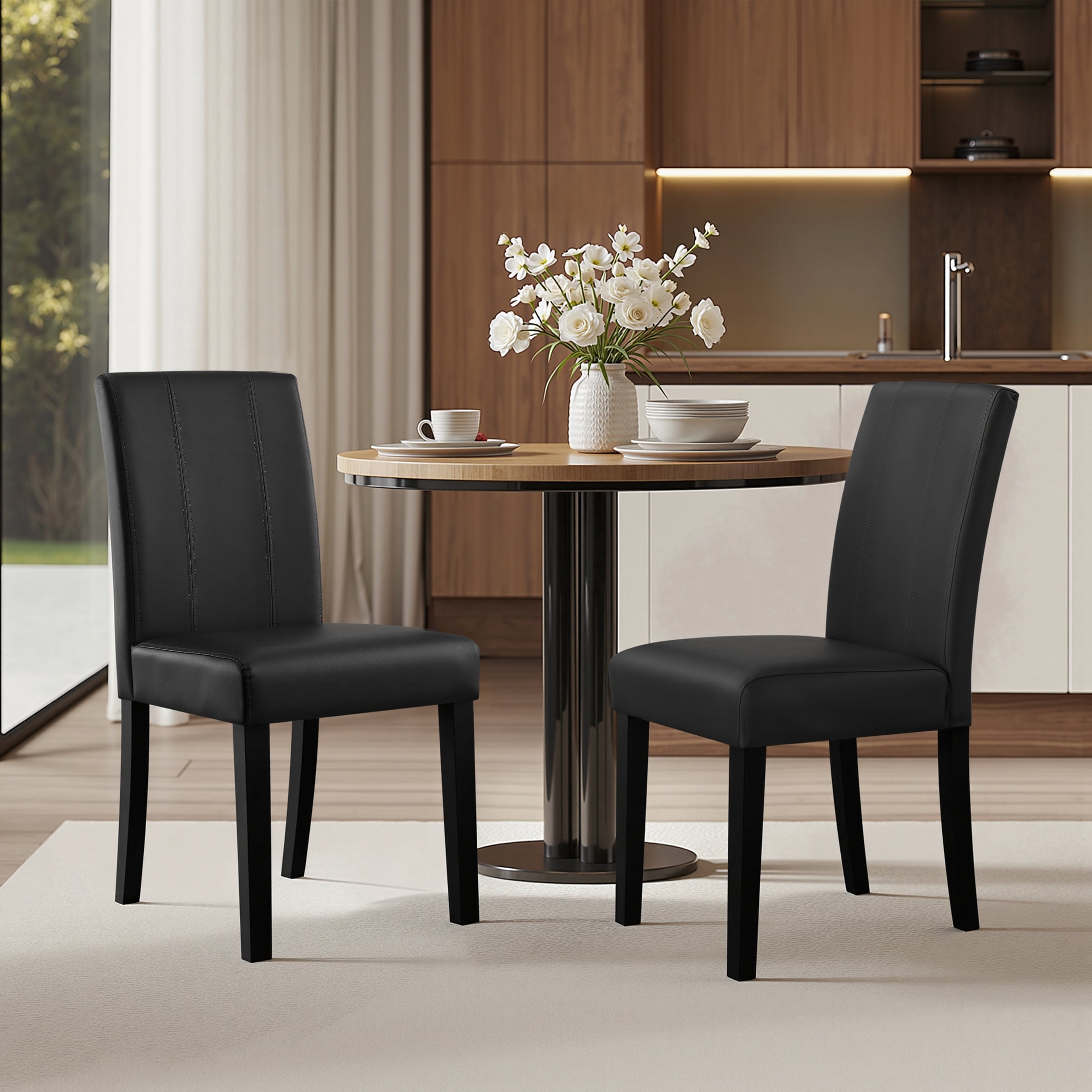 DyFun Modern Upholstered Dining Chairs Set of 2, Faux Leather Parsons Side Chairs with Upgraded Cushion for Dining Room, Black