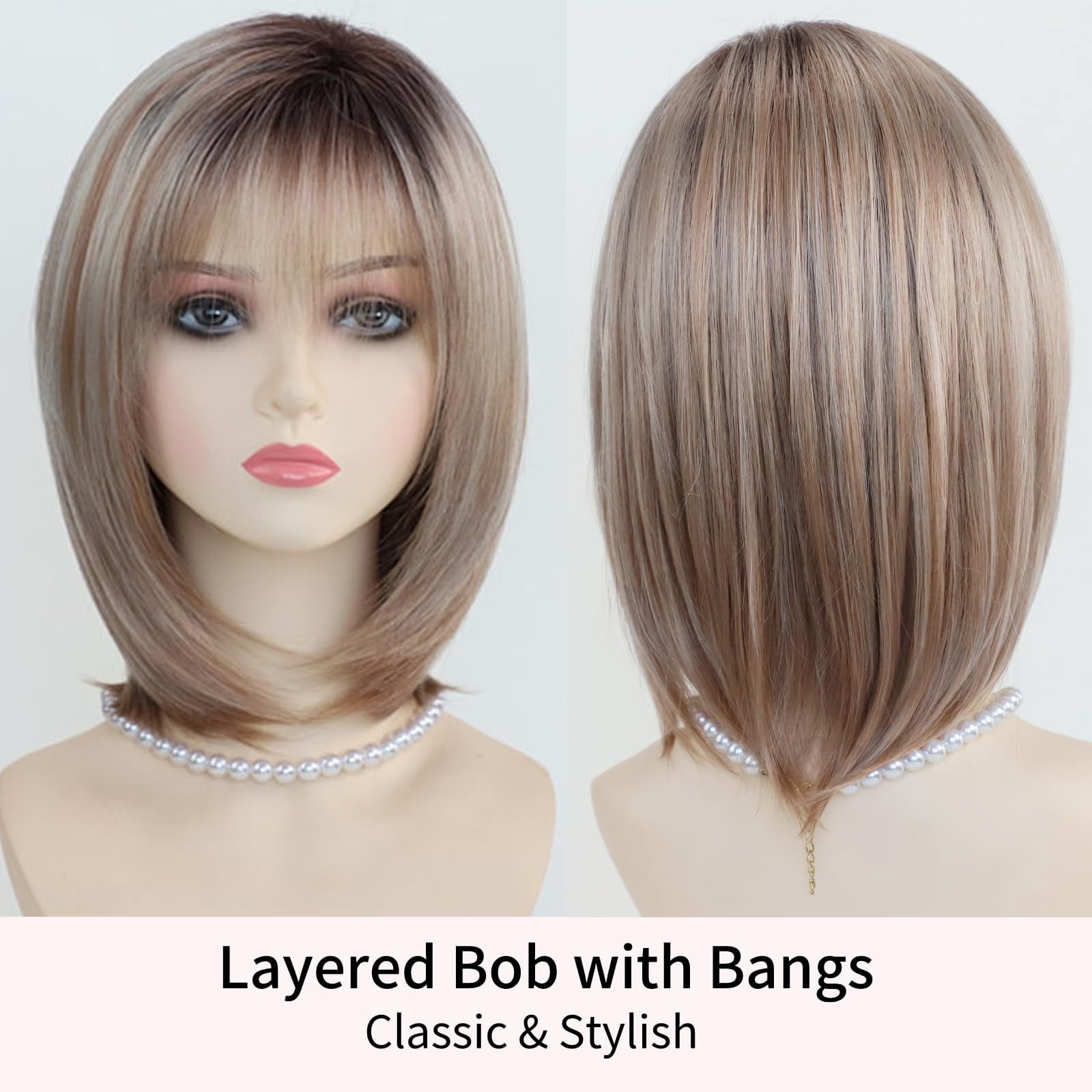 Layered Blonde Balayage Bob Wig for Women Medium Length Straight Synthetic Hair with Bangs Ombre Platinum Brown