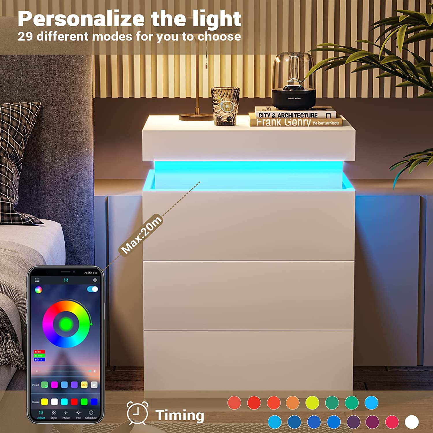 Nightstands Set of 2, Nightstand with Charging Station and RGB LED Light ,Bedside Table with 3 Drawers and Sliding Top,Modern End Side Table (White)
