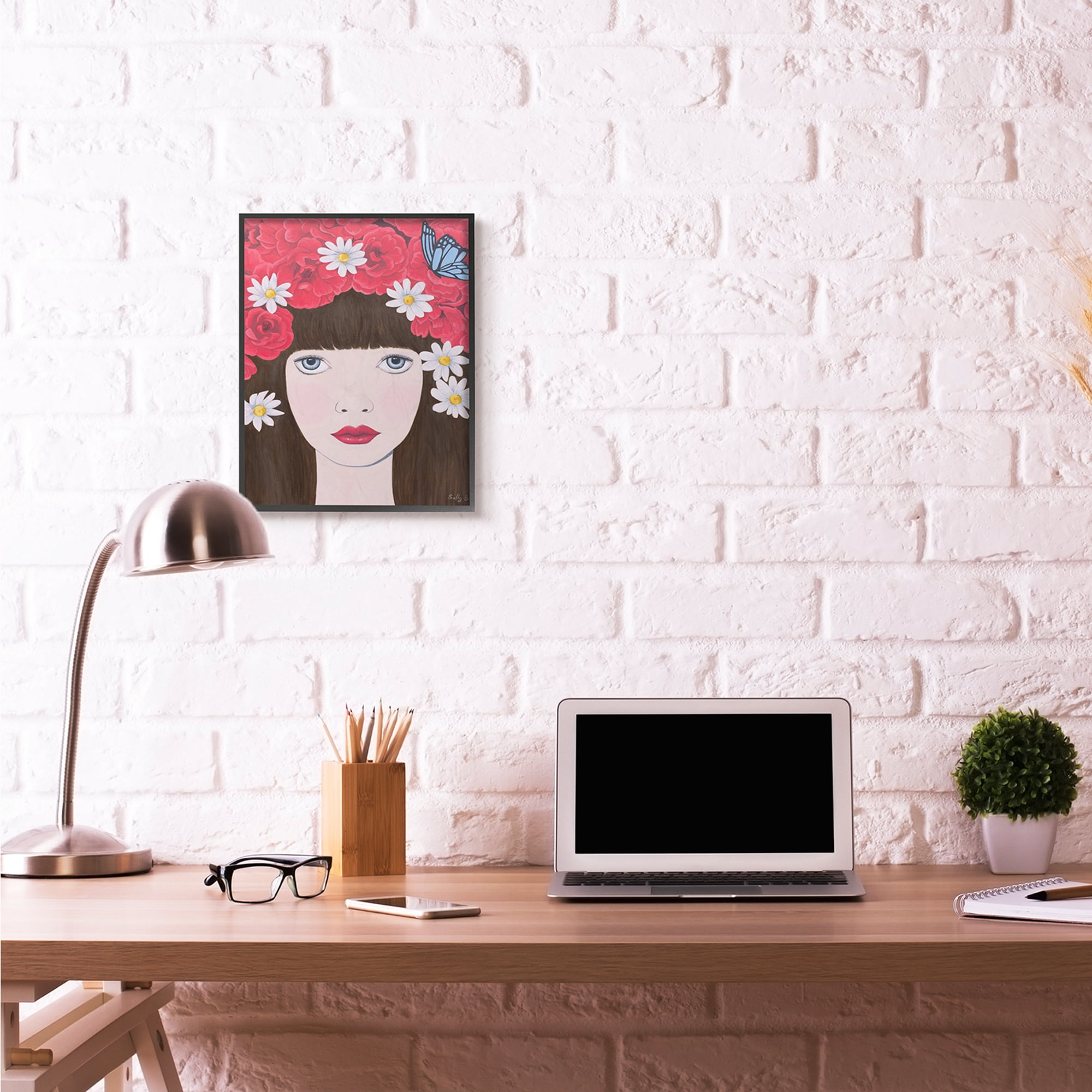 Stupell Industries Flower Headdress Red Woman Painting Black Framed Art Print Wall Art, 16x20, by Sally B