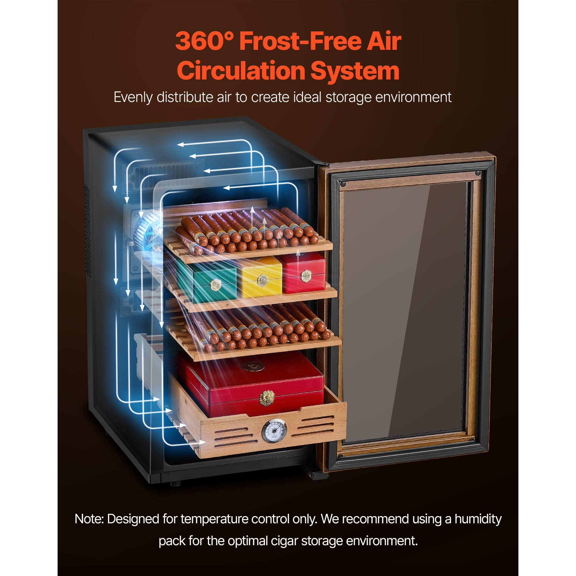 KFFKFF Electric Humidor Cabinet, 48L Capacity, Holds Up to 350 Cigars, Features Cooling Temperature Control, Spanish Cedar Shelves and Drawers, Mechanical Hygrometer, Four-Tier Design