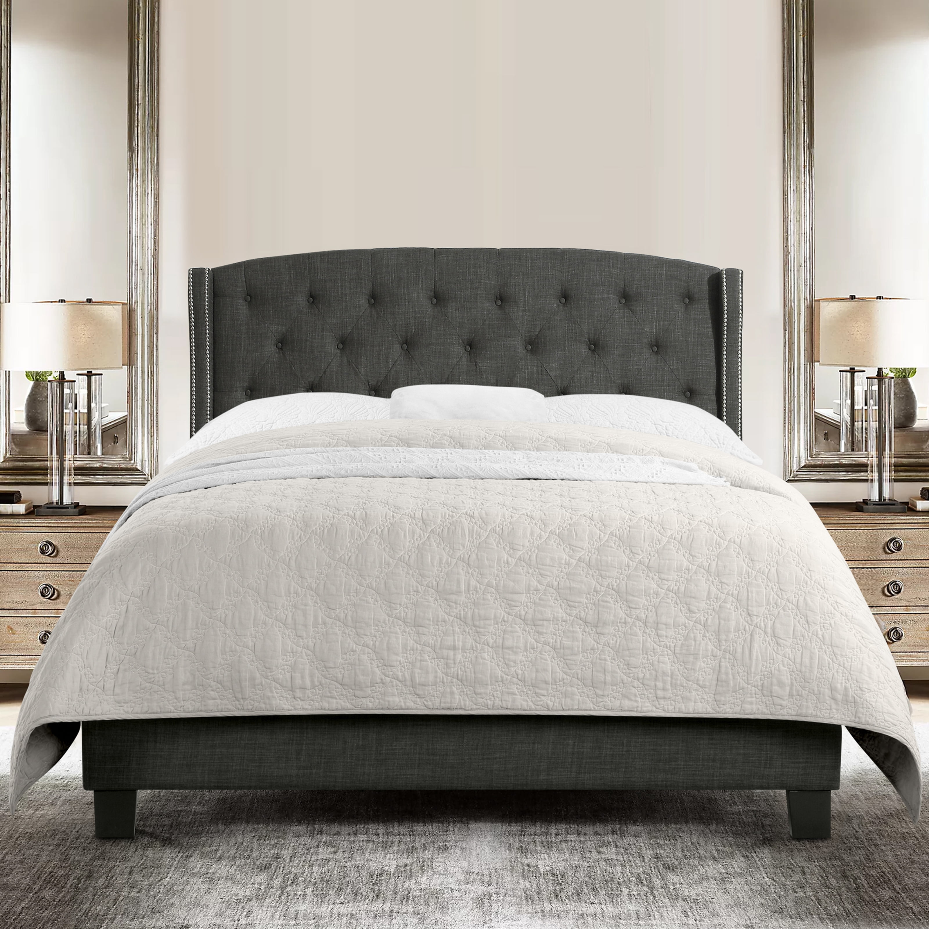 BSHTI Dark Grey Tufted Wingback Full Size Bed, Upholstered Platform Bed Frame with Button Tufted Headboard, Box Spring Needed, Modern Bedroom Furniture