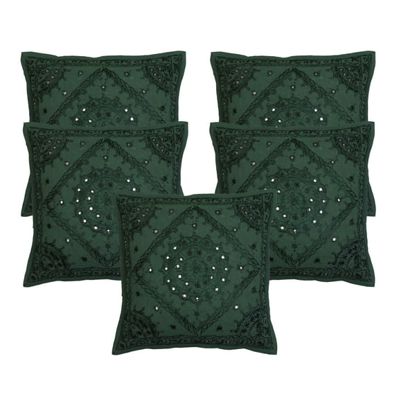 Stylo Culture Indian Decorative Throw Pillow Covers 16 x 16 Hand Embroidered Dark Green Bohemian 40x40 cm Home Decor Cotton Mirrored Square Cushion Covers | Set Of 5