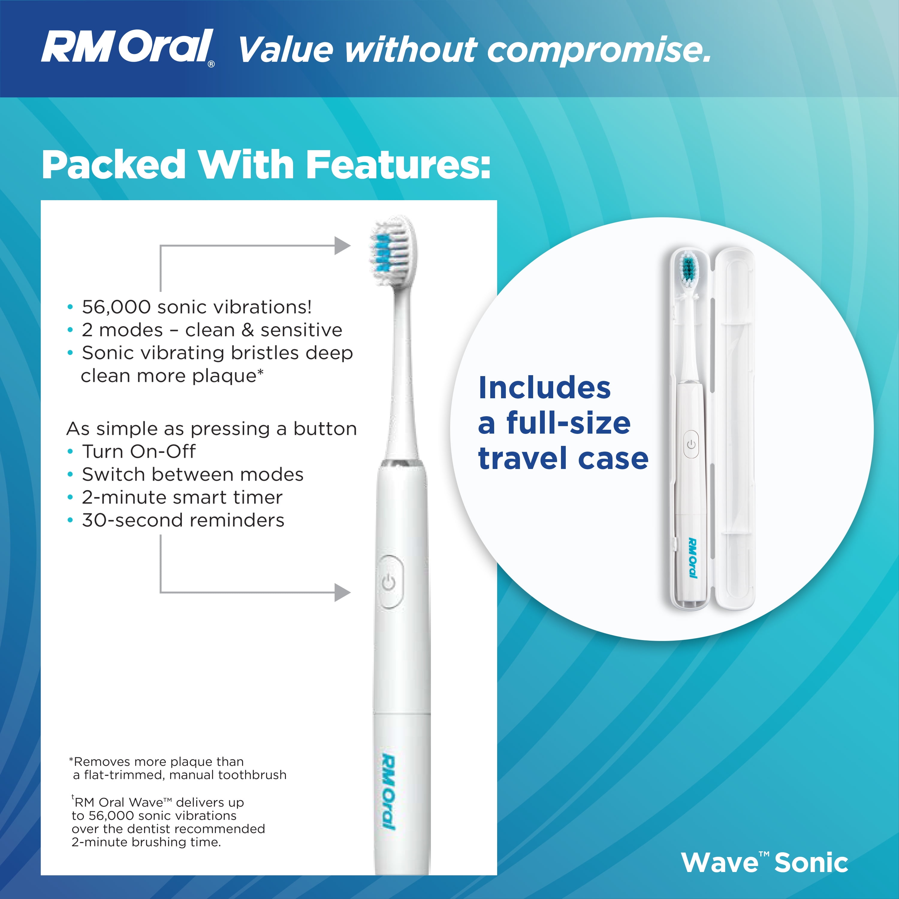 RM ORAL Wave Sonic Battery Toothbrush, Soft Bristles, 56,000 Sonic Vibrations, Travel Case, White