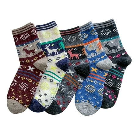 

5 Pairs Of Women Casual Winter Warm Thickened Wool Cartoon Literary Ethnic Style Knitted Socks Calcetines Meias